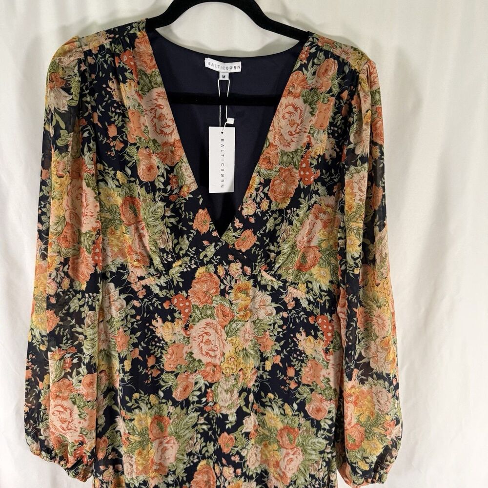 New Balticborn Bowman Dress Women Medium Blue Floral Deep Vneck Long Sleeve Maxi - Picture 2 of 10